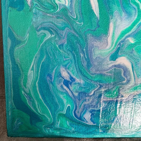 Teal, Blue, White and Green Paint Pour - 8”x8” canvas board - Picture 7 of 8